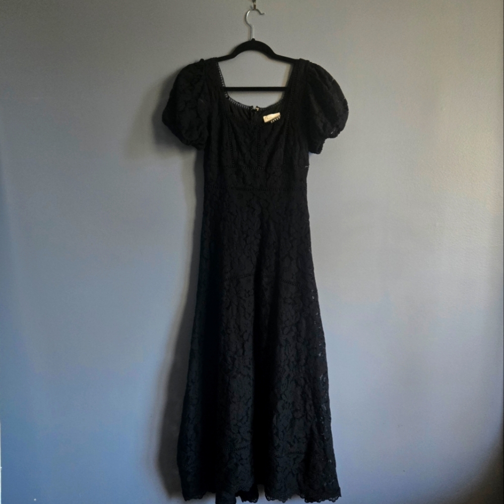 Bohme black lace midi dress with puff sleeves